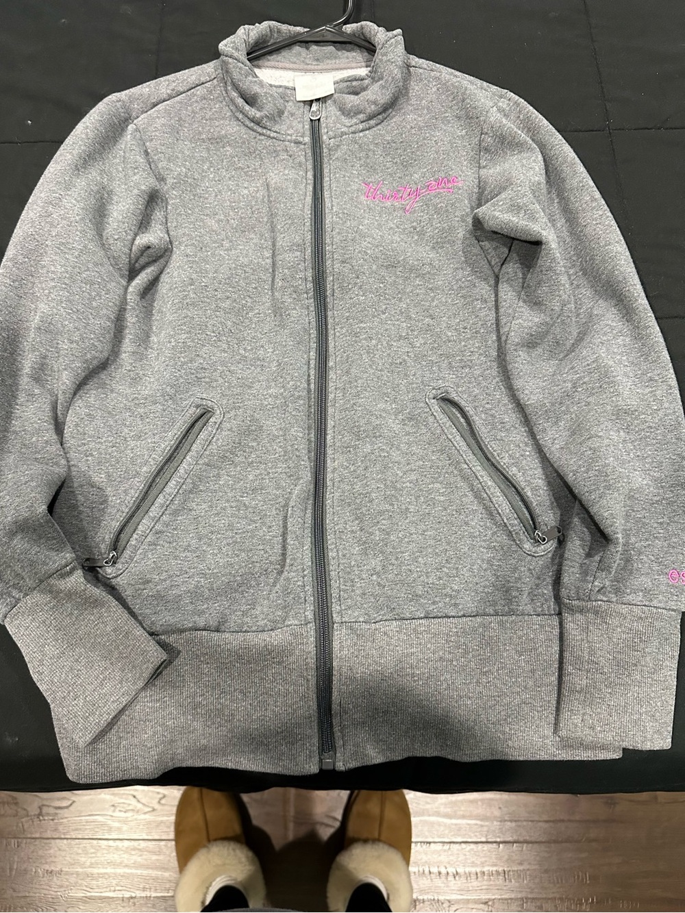 thirty-one Gray Cowl Neck Full-Zip Sweater with Pink Logo